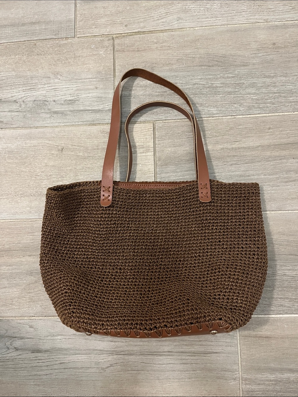 Brown Woven Tote Bag with Leather Handles